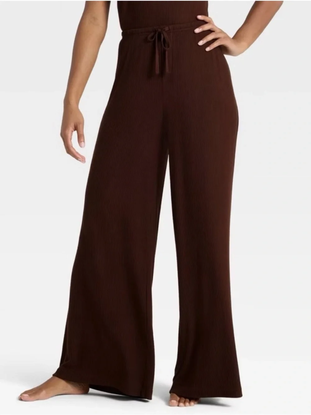 Auden Brown Cozy Ribbed Wide Leg Pants Pajama Lounge - Picture 1 of 4